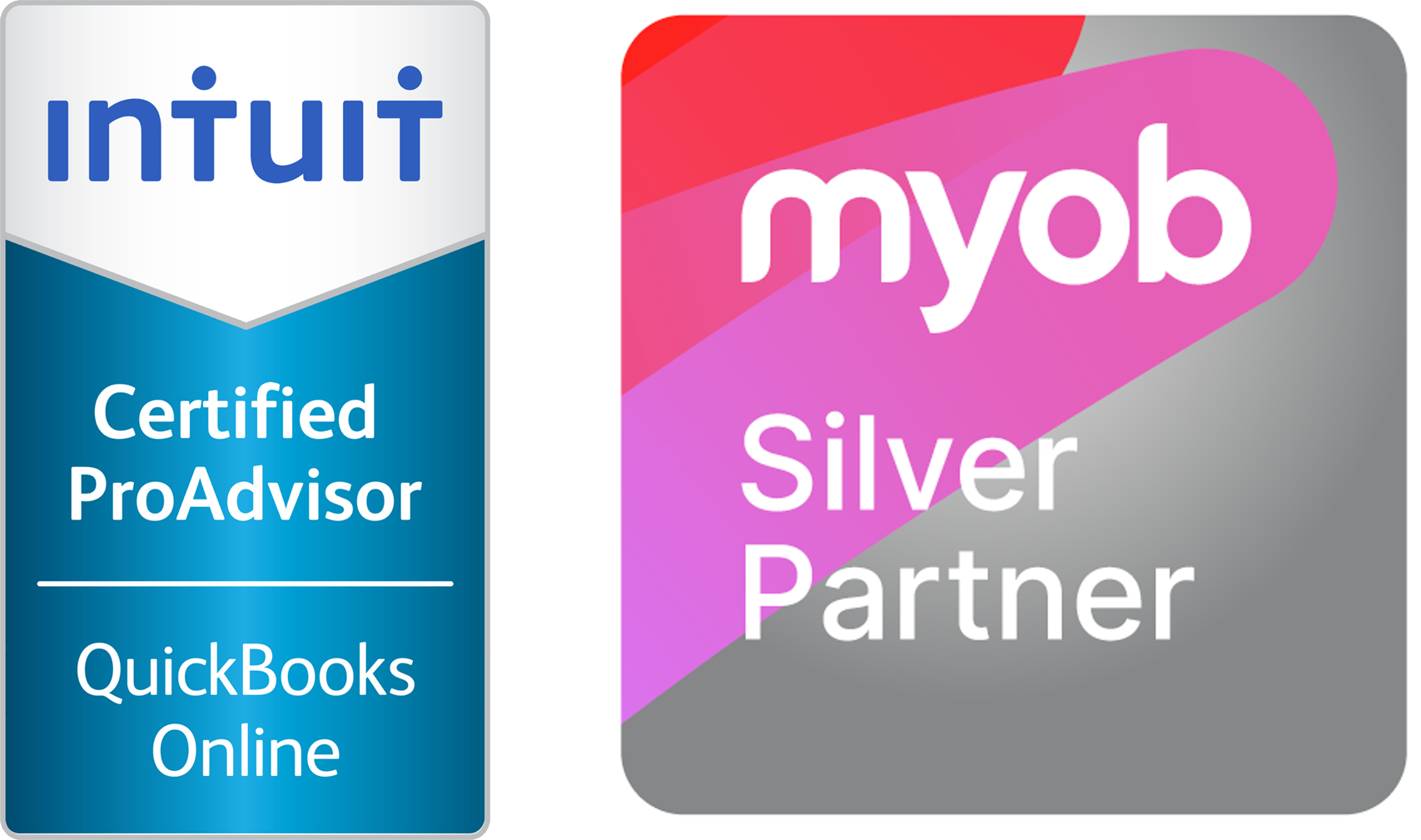 Logos for Intuit - Certified ProAdvisor, QuickBooks online and MYOB, silver partner.